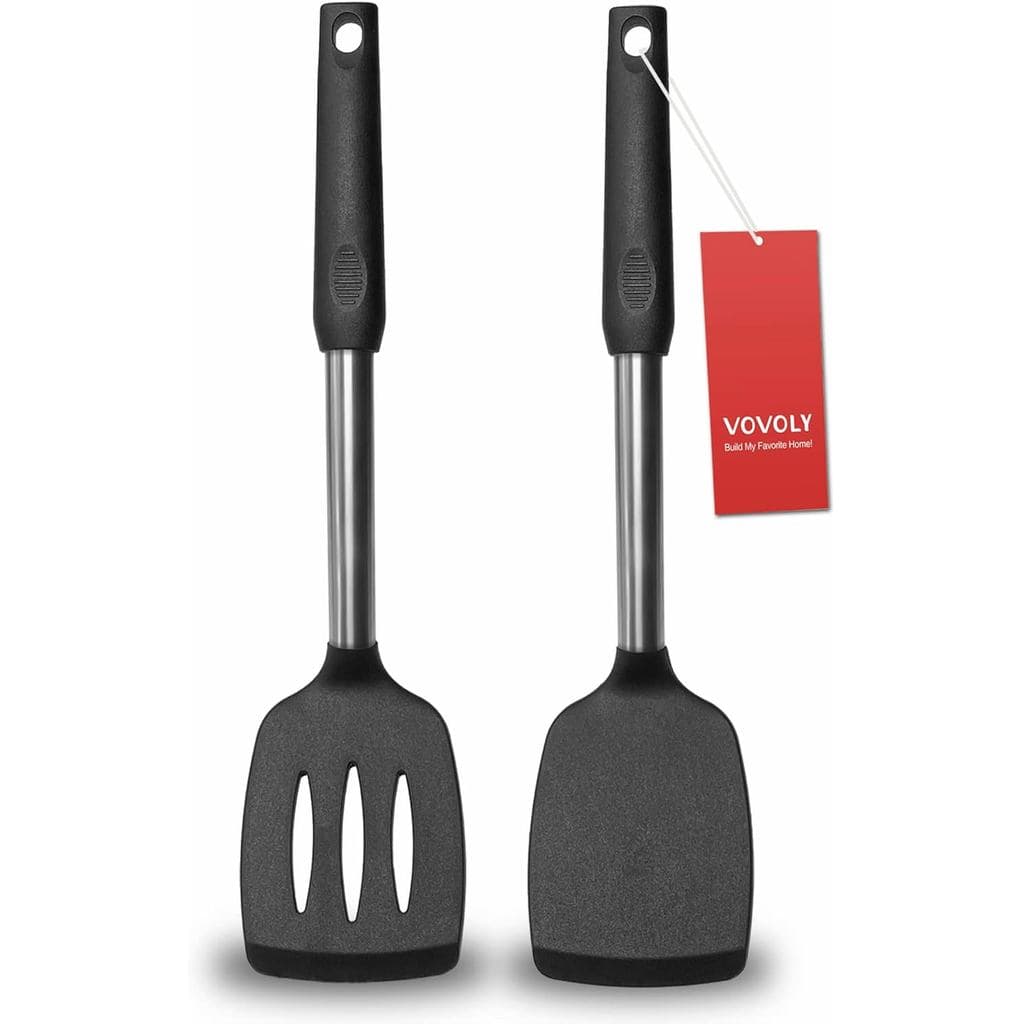 Conjunto de 2 Espátulas, Espátulas de Silicone Sólidas e Ranhuradas, Cabo de Aço Inoxidável Revestido de Silicone, Espát