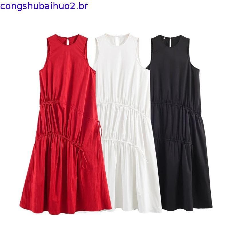 Vestido Feminino Elegante HH2026, Decote Redondo, Cor Sólida, Sem Mangas, Costas Abertas, Botões Decorativos, Zíper, Ves