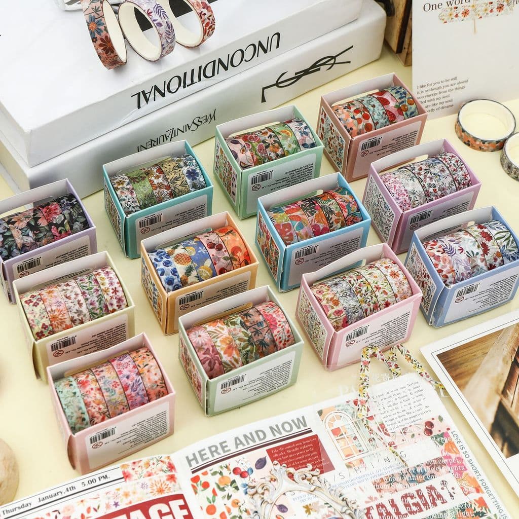 Conjunto de fitas Washi da série Sangru Xiahua 5 rolos / caixa Manual Material Manual Fita Decoração Colagem DIY Noteboo