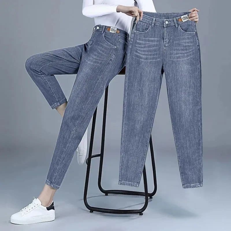 Calças cortadas femininas cintura alta mais magro olhar coreano Casual cenoura calças jeans feminino novo estilo pequena