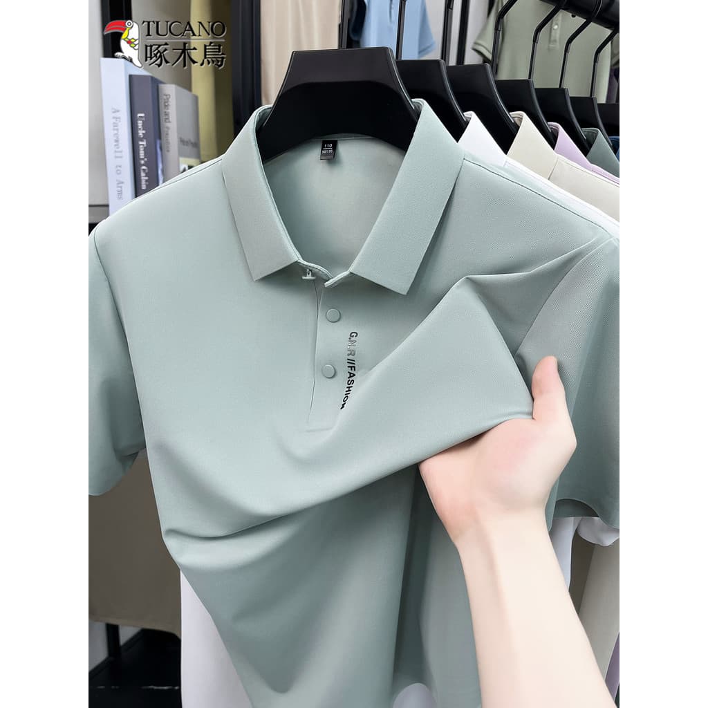 Woodpecker gelo seda manga curta camiseta masculina verão lapela fina moda Casual pai usar polo não-ferro topo