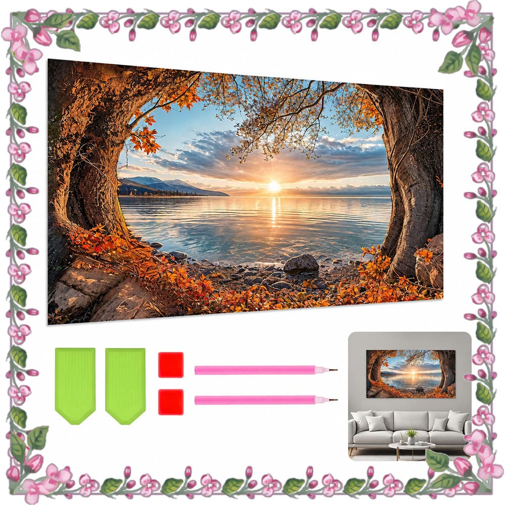 40 x 70 cm, Pintura com diamantes quadrados 5D, Conjunto de arte com diamantes Lago no outono, artesanato DIY