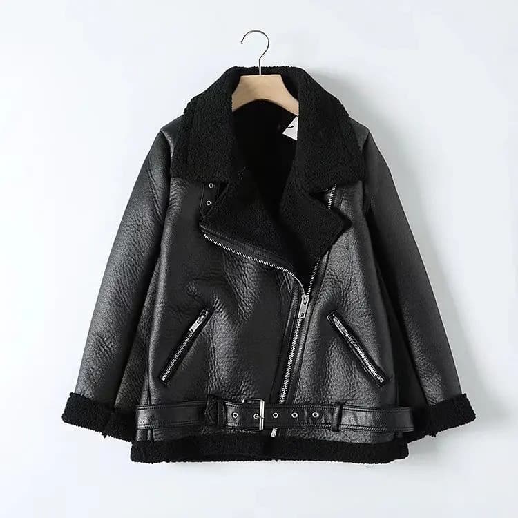 SuninheartCasaco de Couro Sintético para Outono e Inverno para Mulheres, Acolchoado, Quente, com Forro de Lã de Cordeiro