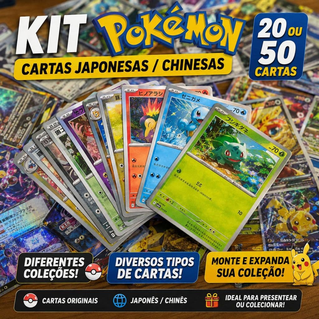 Kit 20 ou 50 Cartas Pokémon Japonesas e Chinesas Sortidas | Diferentes Coleções | Sem Repetição