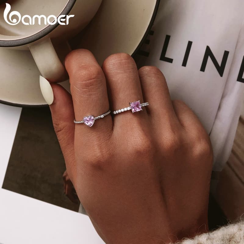 Bamoer Joia Fina em Prata Esterlina 925 Real, Coração Rosa para Presente de Moda Feminina BSR157 MGZ0 NRFP