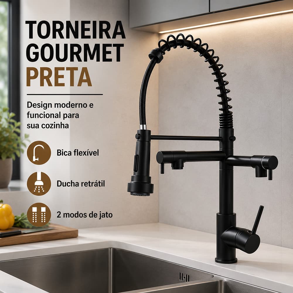 Torneira Gourmet Preta Cozinha Mola Flexível 2 Jatos Bica Móvel Monocomando Pia Casa Moderna
