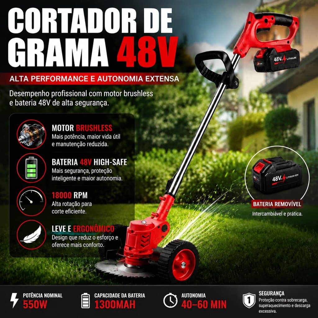 Cortador de Grama Sem Fio Recarregável 21V com Baterias Bivolt 110V 220V Aparador de Grama Portátil Uso Doméstico