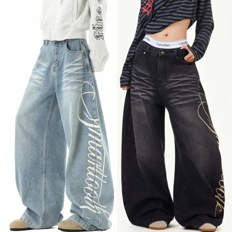 jeans Soltos Masculinos Retrô Americanos , Calças Casuais Retas De Pernas Largas Para Mulheres .