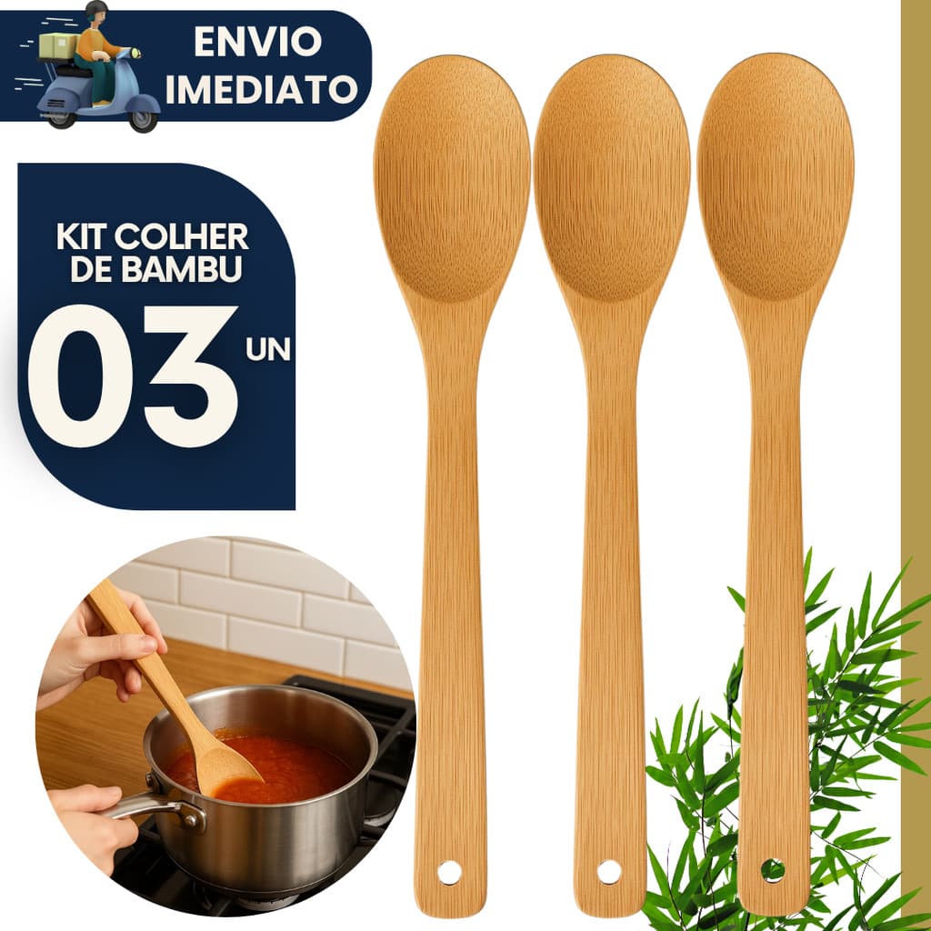 Kit 3 Colheres de Bambu 30cm p Cozinhar Utensílio de Cozinha Natural Resistente Panela Antiaderente