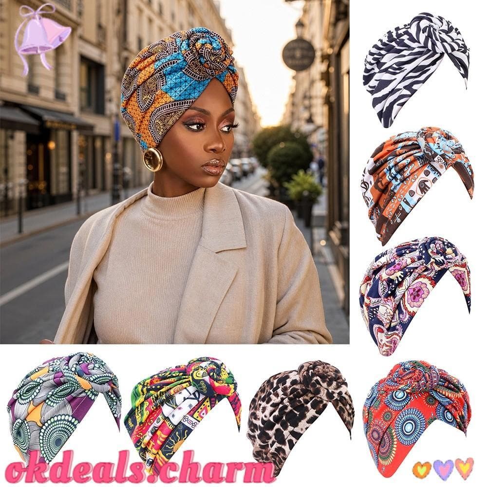 OKDEALS Bonés Hijab , Chapéu Turbante Com Nó Torcido Plissado Estampa Africana , Faixa De Cabeça Elástica Estilo Atado