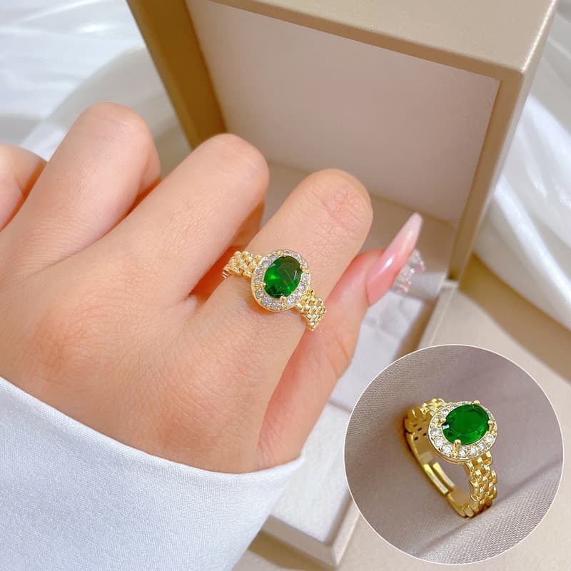 Anel feminino ajustável em aço inoxidável, incrustado com zircônia verde, banhado a ouro, não desbota P GY7N LBYU