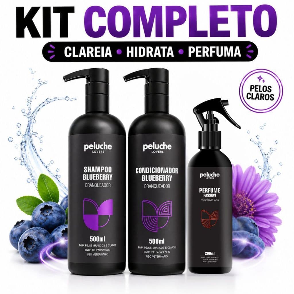 Kit Banho Pet Blueberry Branqueador Perfume Passion Peluche Para Cães Gatos Pelos Claros Premium