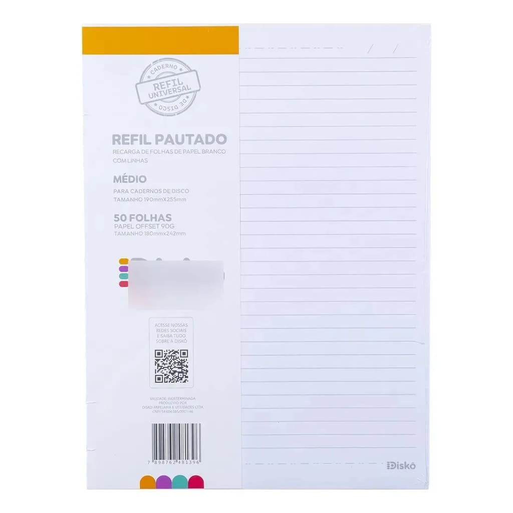 Refil Caderno Diskô Pautado M 50 Folhas Branca 90g Universal