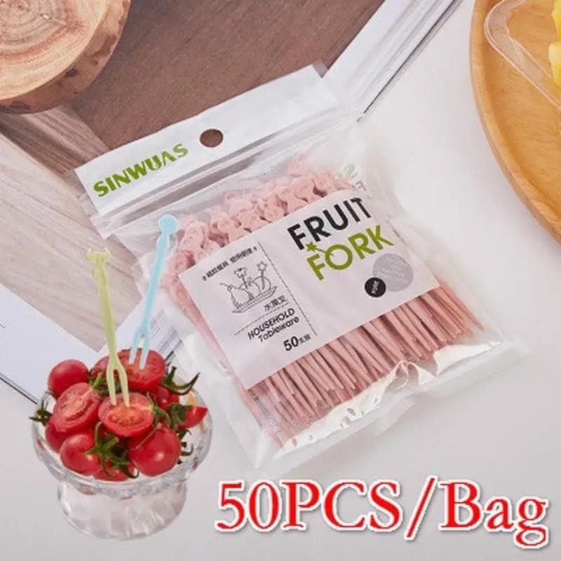 50 Peças/Saco Doméstico Plástico Frutas Descartável Conveniente Garfo Mini Dos Desenhos Animados Sobremesa Lanche Bolo F