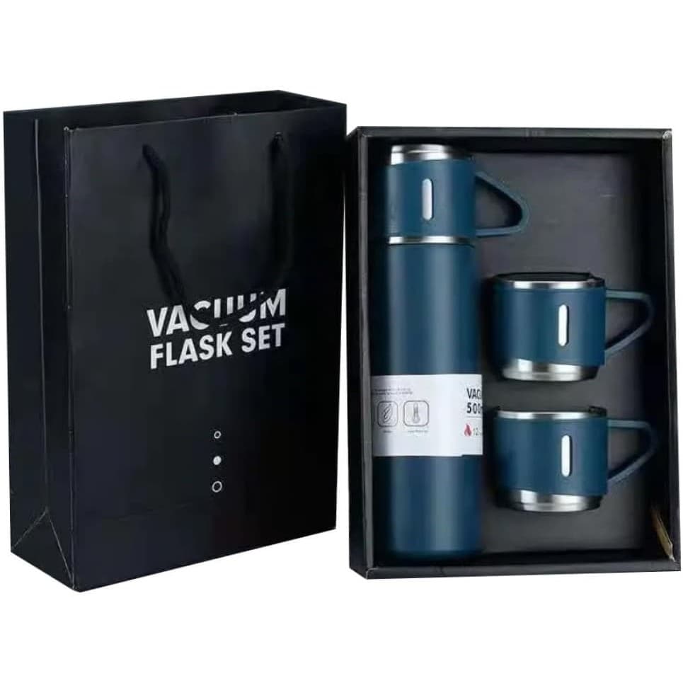 Kit Garrafa Termica Inox Isolada a Vacuo Parede Dupla Com Tampa Caneca e 2 Canecas 500ML Para Quente Gelado
