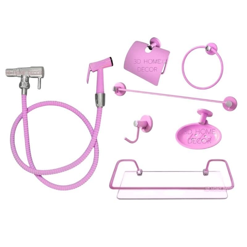 Acessórios De Banheiro Cor Rosa Metal 7 Peças Saboneteria INOX Porta Shampoo Reto Rosa Saboneteira