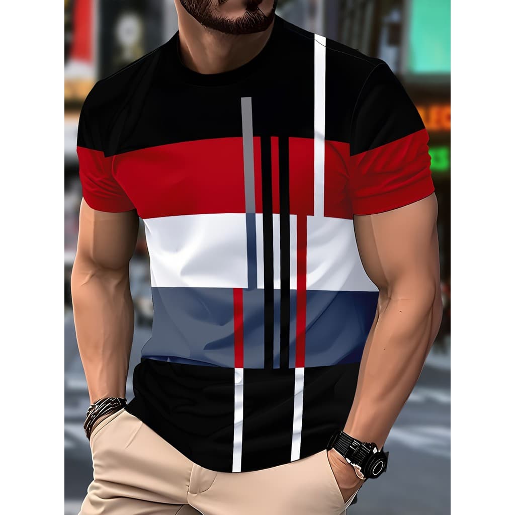 Camiseta Masculina Casual Fashion Com Estampa Listrada Ousada – Manga Curta , Gola Redonda , Mistura Leve De Poliéster ,