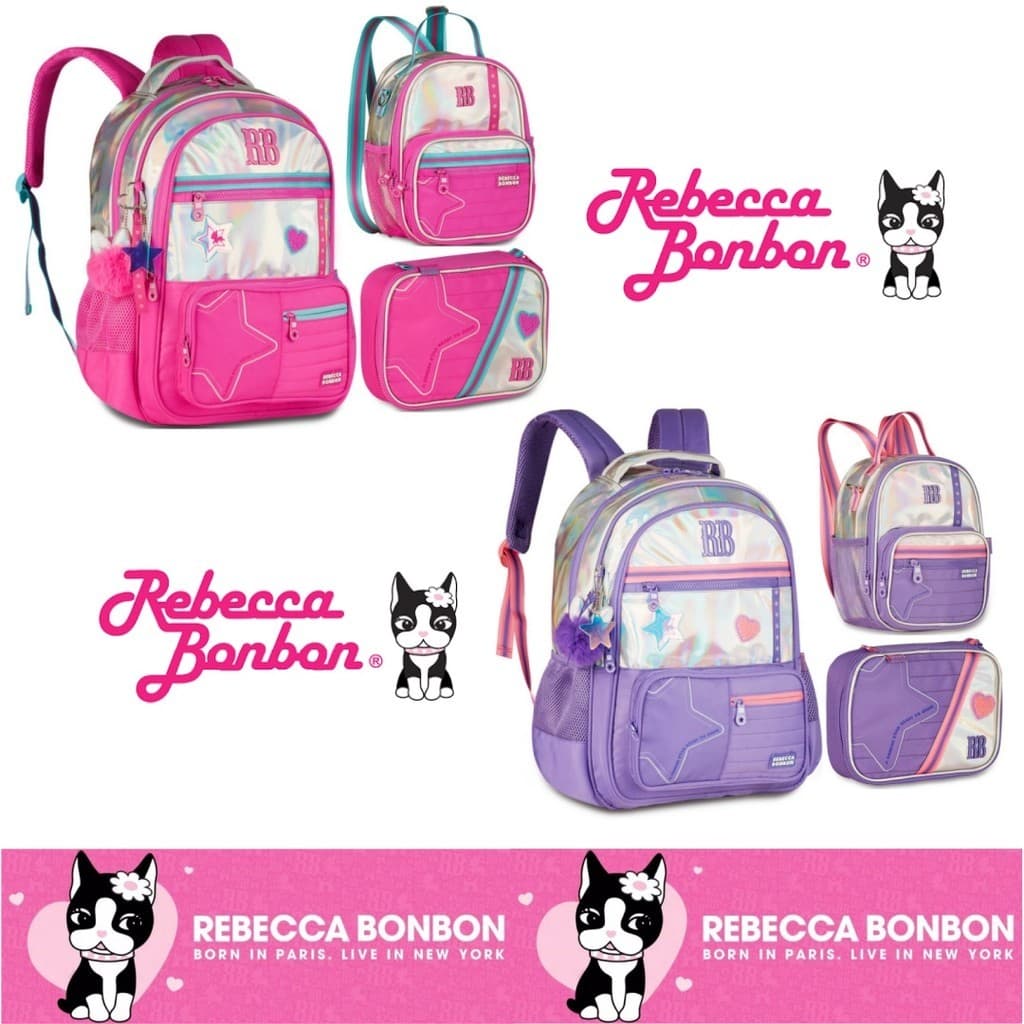 Kit Mochila de Costas Grande Holográfica Oficial Rebecca Bonbon Lancheira Estojo RB27017