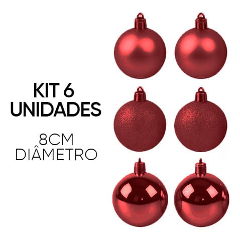 Kit 6 Bolas De Natal 8cm Enfeite Natalino Cor Vermelha Vermelho