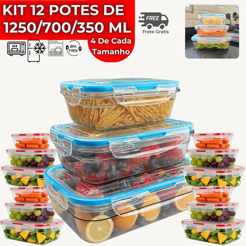 Kit 12 Potes Herméticos Com Tampa 4 Travas Pote Alta Vedação Não Vaza Marmitas Fitness Saladas