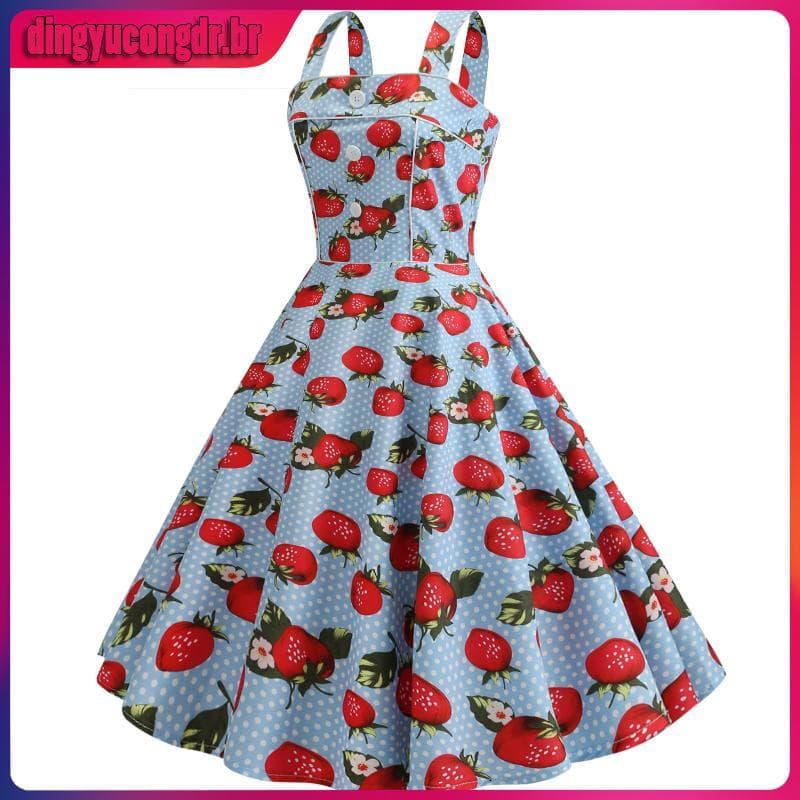 [yarmouth .] Vestido De Baile Feminino Estampa De Morango Linha A Grande Balanço Vintage Botão Decoração Sem Mangas Zípe