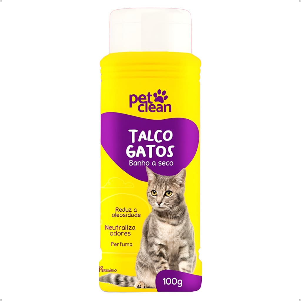 Talco Banho a Seco Pet Clean Gatos 100g Limpeza Rápida