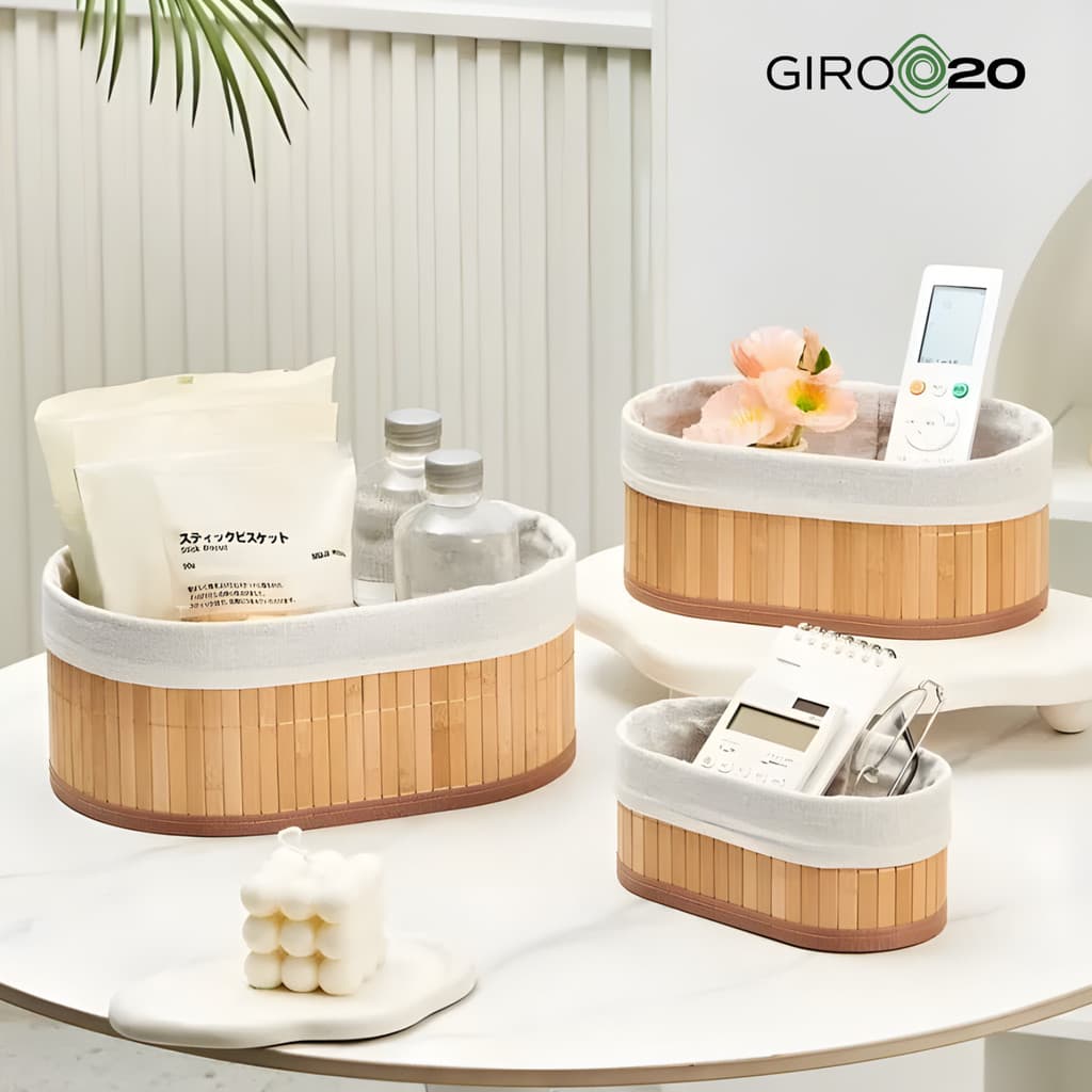 Kit 3 Cestos Organizador De Bambu Lavanderia Banheiro Com Forro Multiuso Ecologico PMG