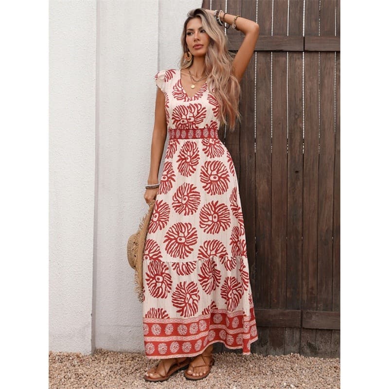 Vestido Feminino De Verão Saia Feminina Retrô Estilo Falso Cintura Estampado