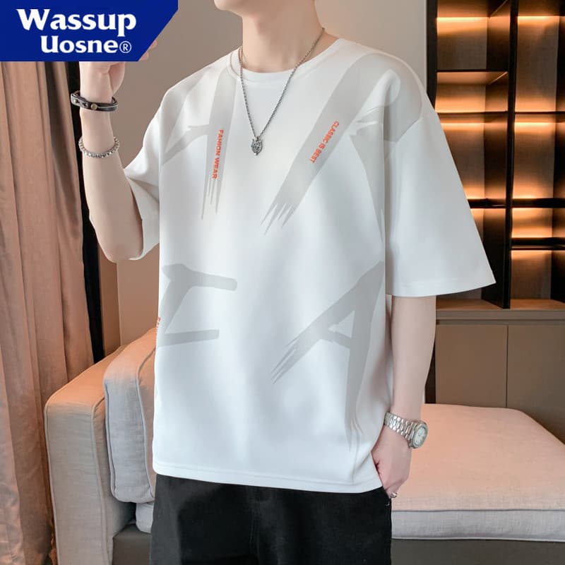 WASSUP Camiseta masculina estampada de manga curta verão solta All-Match na moda Casual camiseta jovem respirável