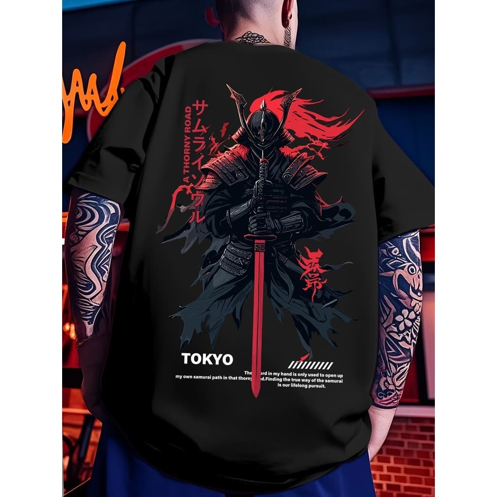 Camiseta Masculina  Oversized Samurai Espada Vermelha Unissex 100% Algodão Promoção Streetwear