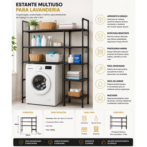 Estante Multiuso Organizador Reforçado Lavanderia Cozinha Banheiro Preto Compacto