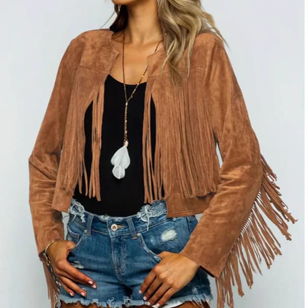 Cardigan com franjas europeu americano feminino Retro franjas em torno do pescoço moda jaqueta falso camurça cardigan ja