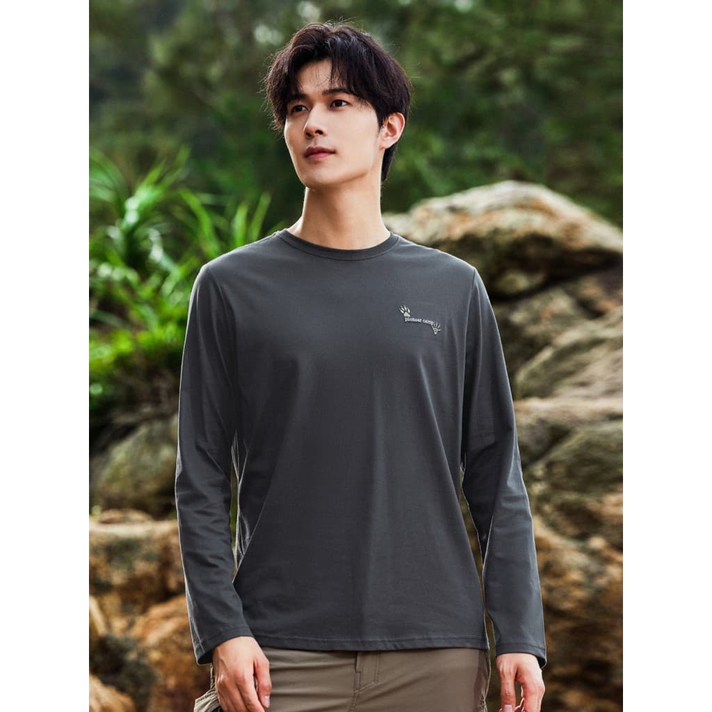 Trailblazer puro algodão de manga comprida camiseta masculina primavera outono moda All-Match em torno do pescoço roupas