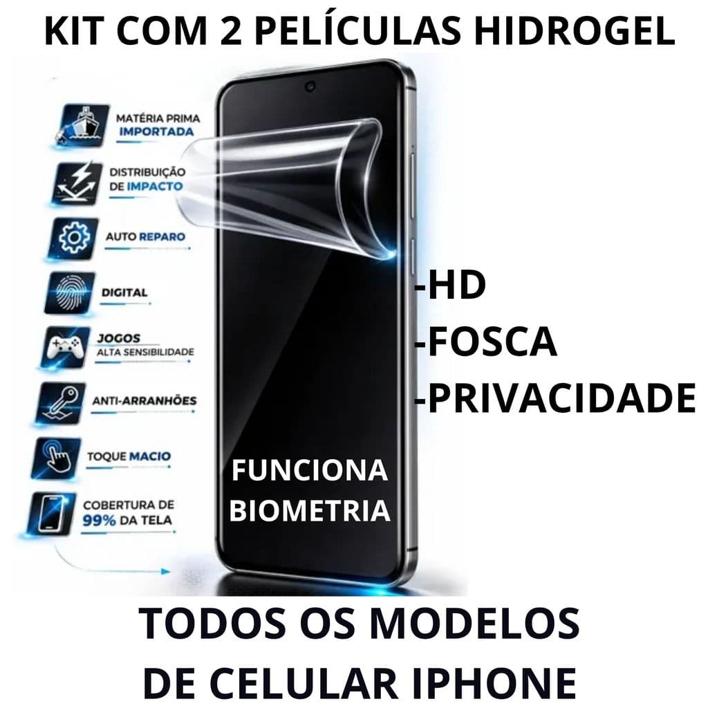 Kit 2 Películas Hidrogel iPhone (Todos os Modelos) - HD / Fosca / Privacidade - Premium
