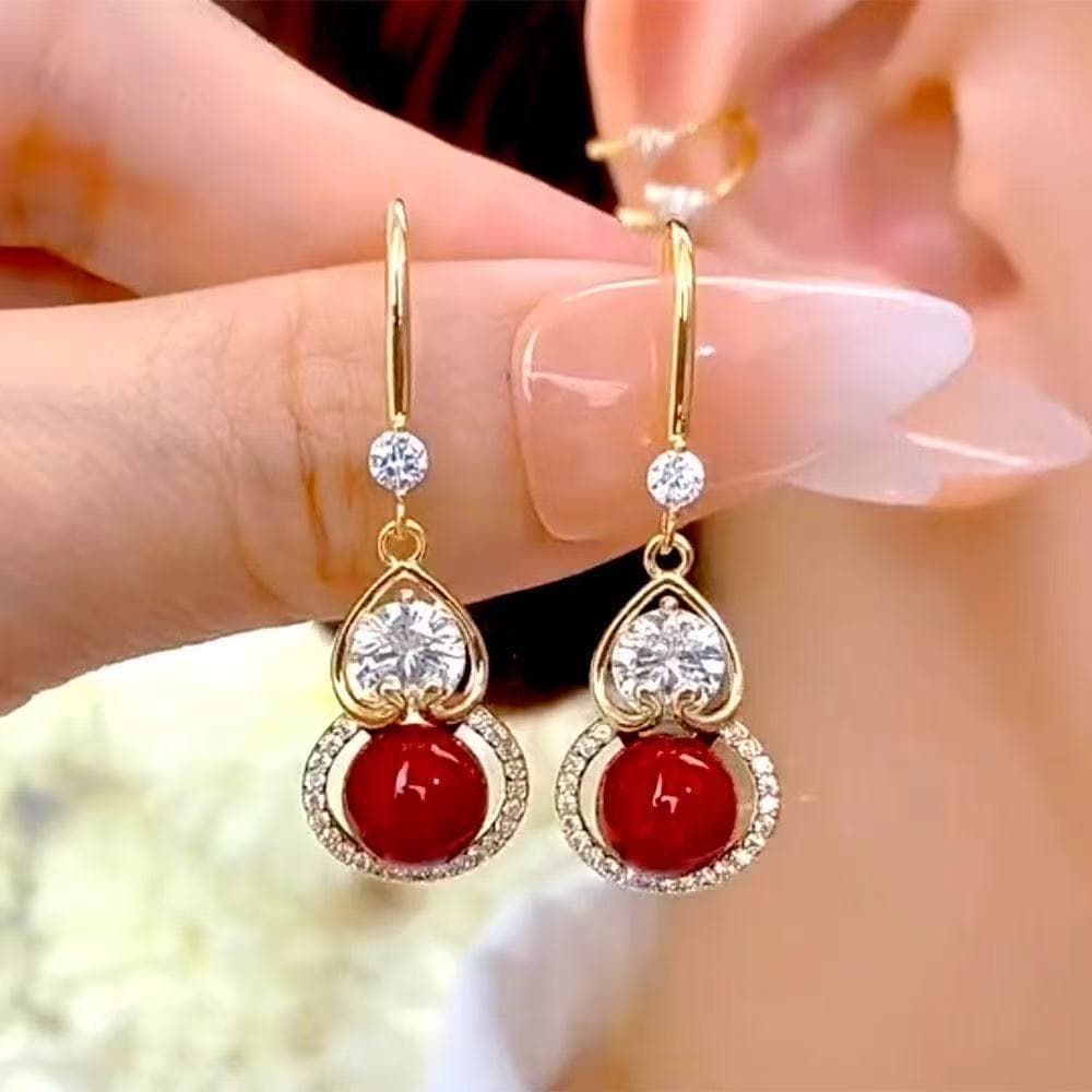 [Estoque pronto] 2025 novo estilo chinês Retro vermelho pérola diamante cabaça zircão brincos femininos High-End sentime