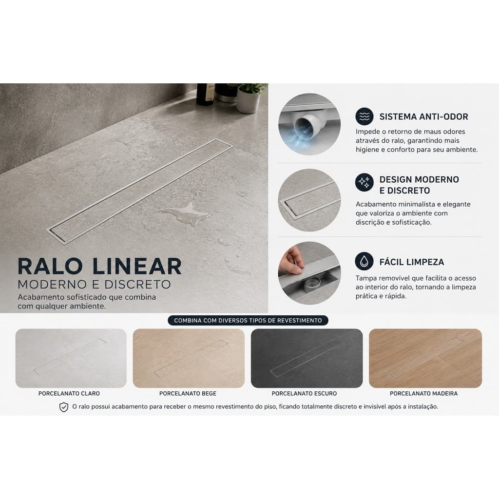 Ralo Seca Box 80cm x 5cm Invisível Banheiro Anti Odor Piso Linear Moderno Cola 40mm