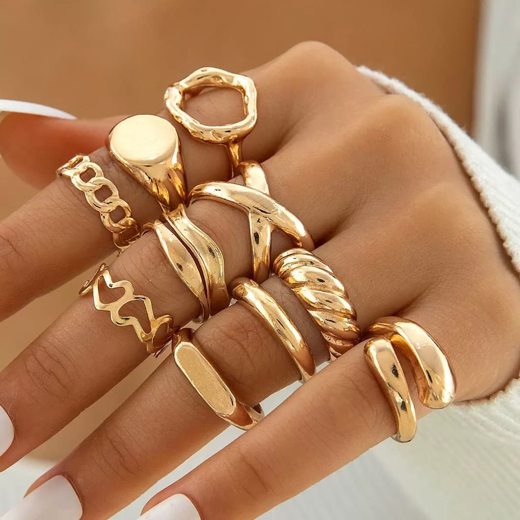 Conjunto 10 Peças Anéis Folheados a Ouro 18K Feminino - Ajustáveis, Estilo Empilhável Geométrico e Minimalista