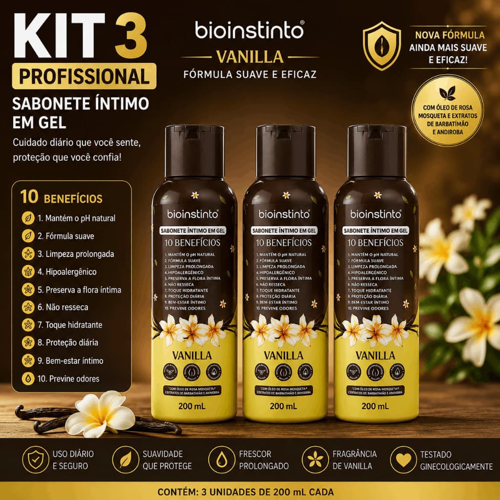 Kit 3 Sabonete Íntimo Bio Instinto Vanilla 200ml Higiene Íntima Feminina pH Balanceado