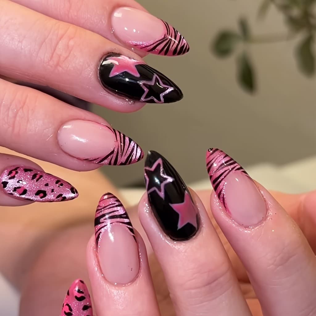 24 peças em forma de amêndoa rosa Zebra padrão estroboscópico olho de gato unhas falsas cor contrastante com estampa de