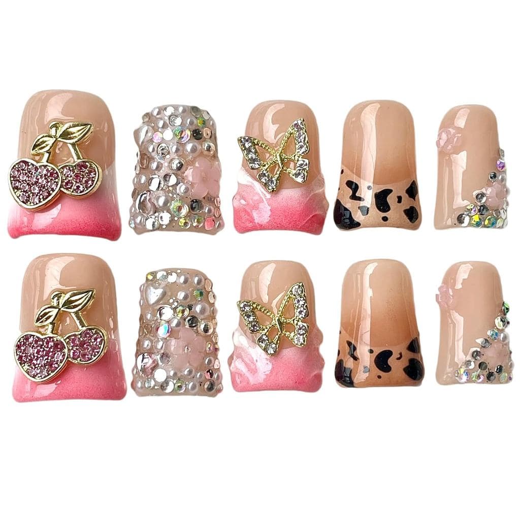 Unhas Postiças Artesanais Curtas em Formato de Pato - Estampa de Leopardo e Design de Cereja com Diamantes, Unhas Falsas