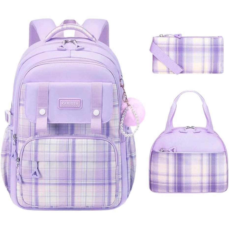 Mochilas Escolares para Meninas, Conjunto de 3 Peças com Lancheira e Estojo de Lápis, Mochila Estética Kawaii para Crian