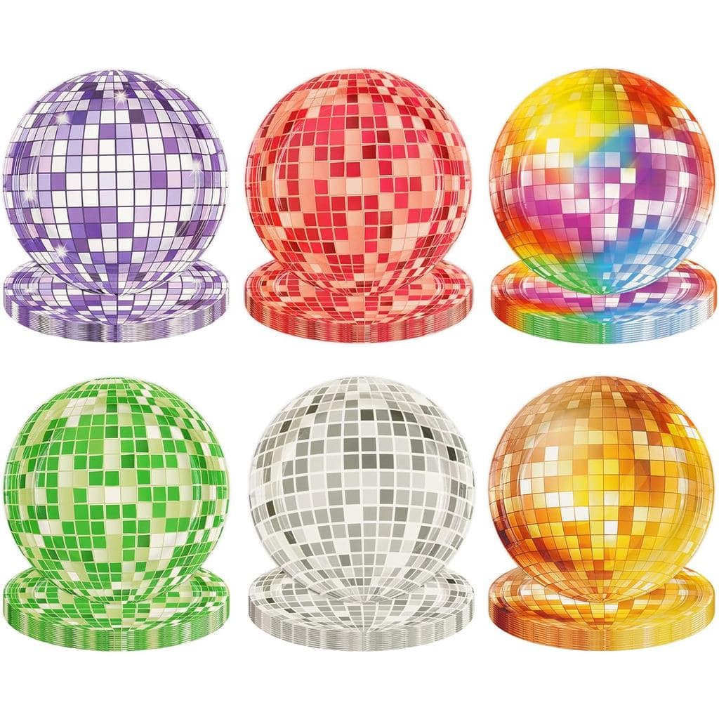 60 Pratos de Papel Disco - Descartáveis, Coloridos e Brilhantes, Estilo Retrô, 7 Polegadas, com 6 Designs, Pratos para S