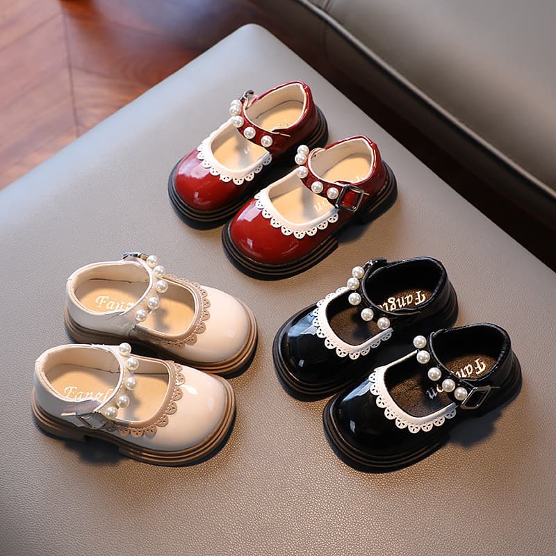 Meninas sapatos de princesa primavera outono novo estilo renda pérola meninas dedo do pé redondo pequenos sapatos de cou