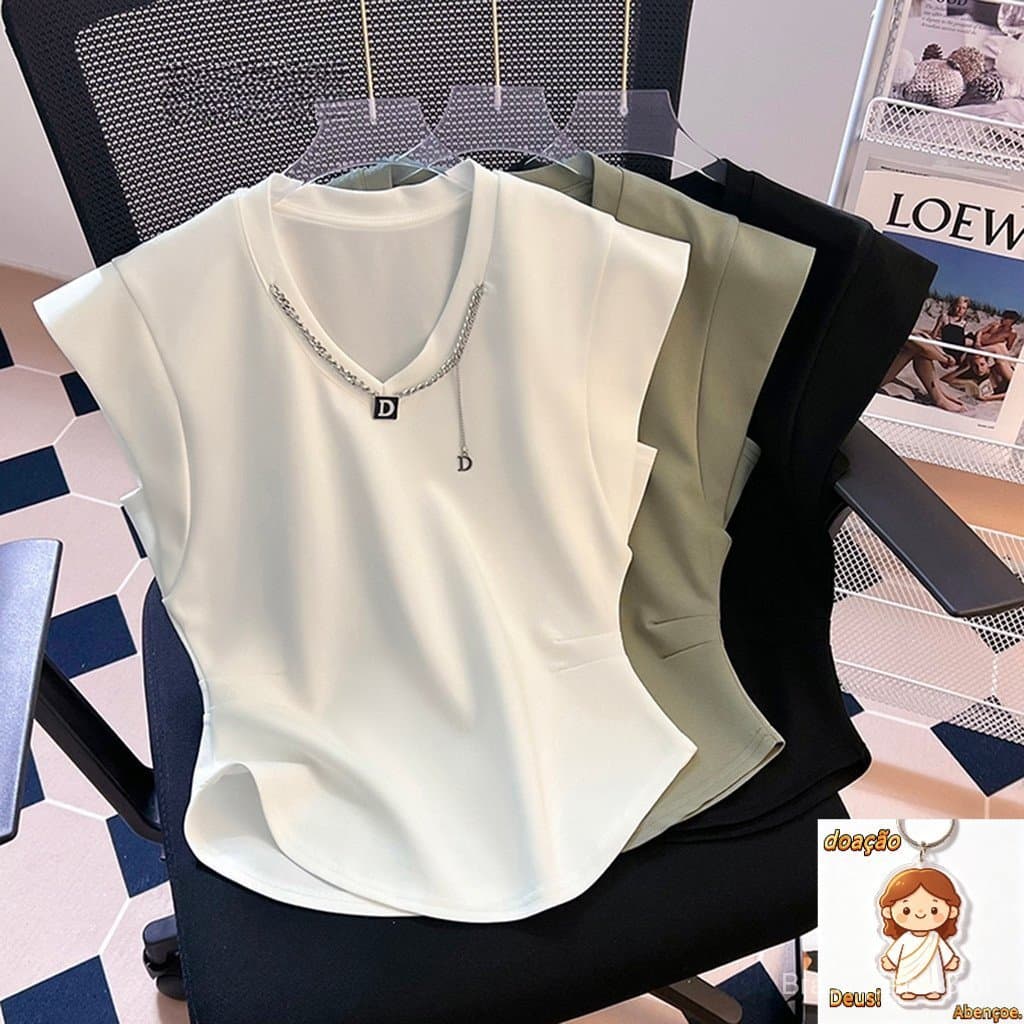 Casual Camiseta Feminina Lisa Básica LNE29126 (Branco/Verde/Preto)