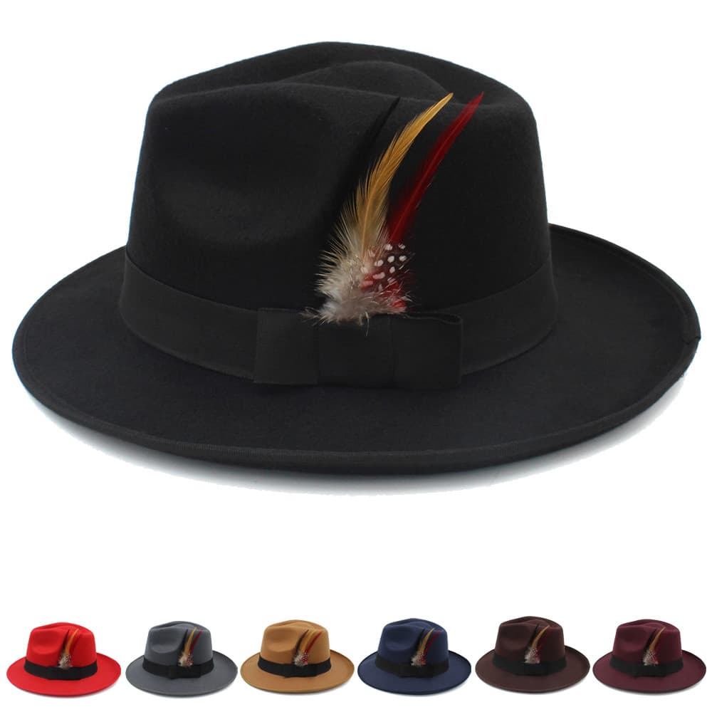 Masculino grande borda chapéu de lã Retro cavalheiro Shanghai praia chapéu feminino panamá chapéu pena decoração Jazz br