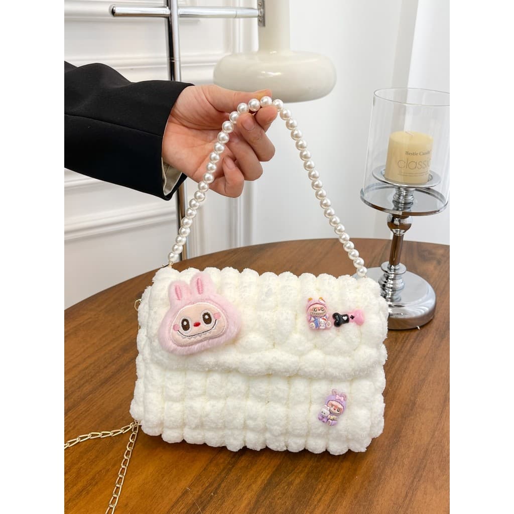 Rabubu bolsa tricotada à mão, Material de lã, bolsa caseira de corpo cruzado, produto acabado, presente para namorada