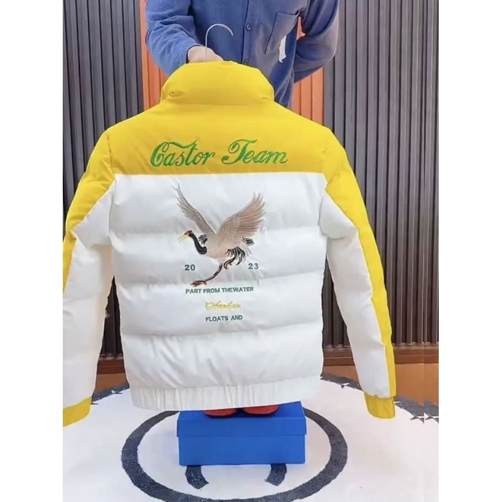 W inverno na moda masculina jaqueta acolchoada versão coreana fino-ajuste bordado guindaste rufião bonito grosso acolcho