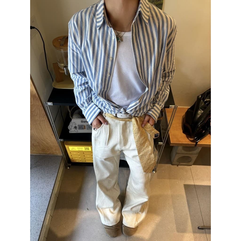 Americano Retro azul branco listrado camisa masculina início do outono velho dinheiro usar camisa solta jaqueta de manga