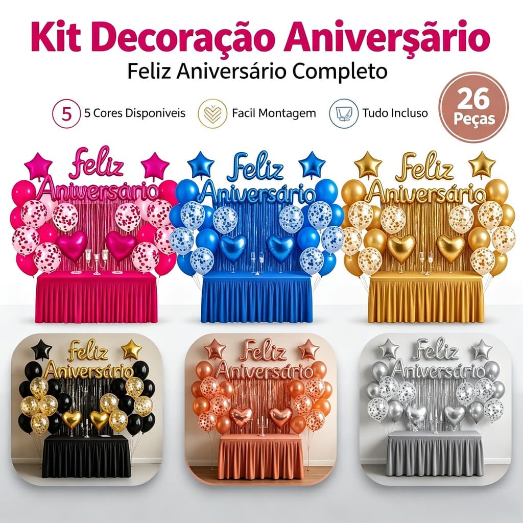 Kit 26 Pcs Balão Feliz Aniversario Cortinas Bexigas/Festa Decoração Enfeite decoraçao aniversario