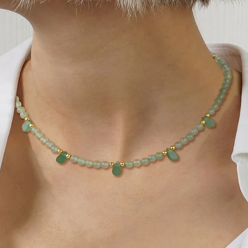 IVIAPRO 4mm Verde Aventurina Contas Colar Pedra Natural Gota De Água Charme Colares Para Mulheres Homens Ametistas Tigre